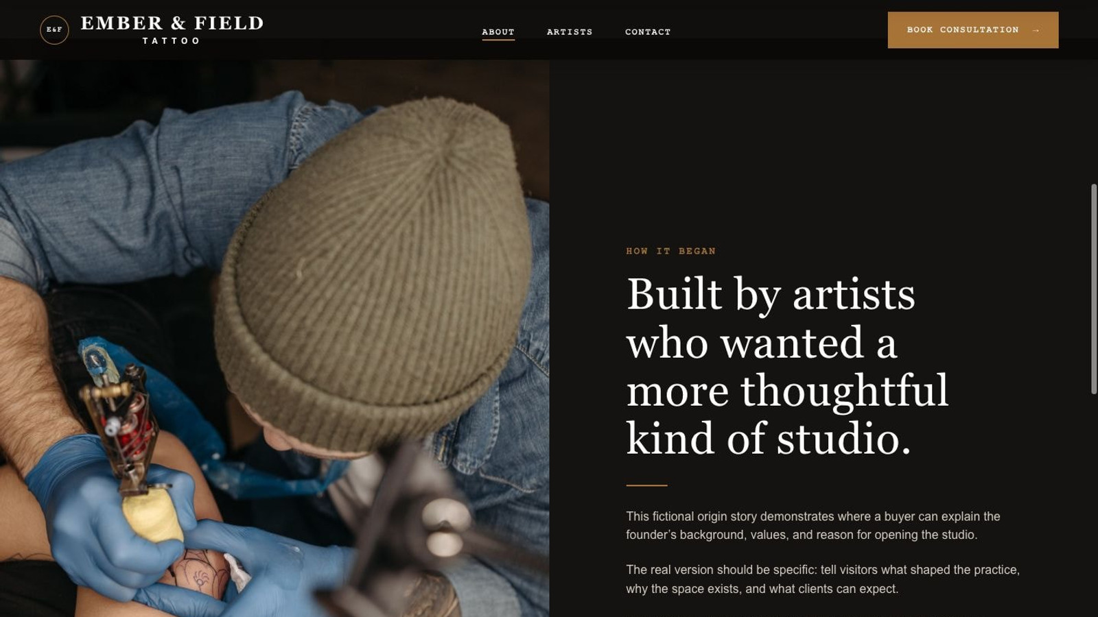 Ember Studio about page with tattoo artist photography