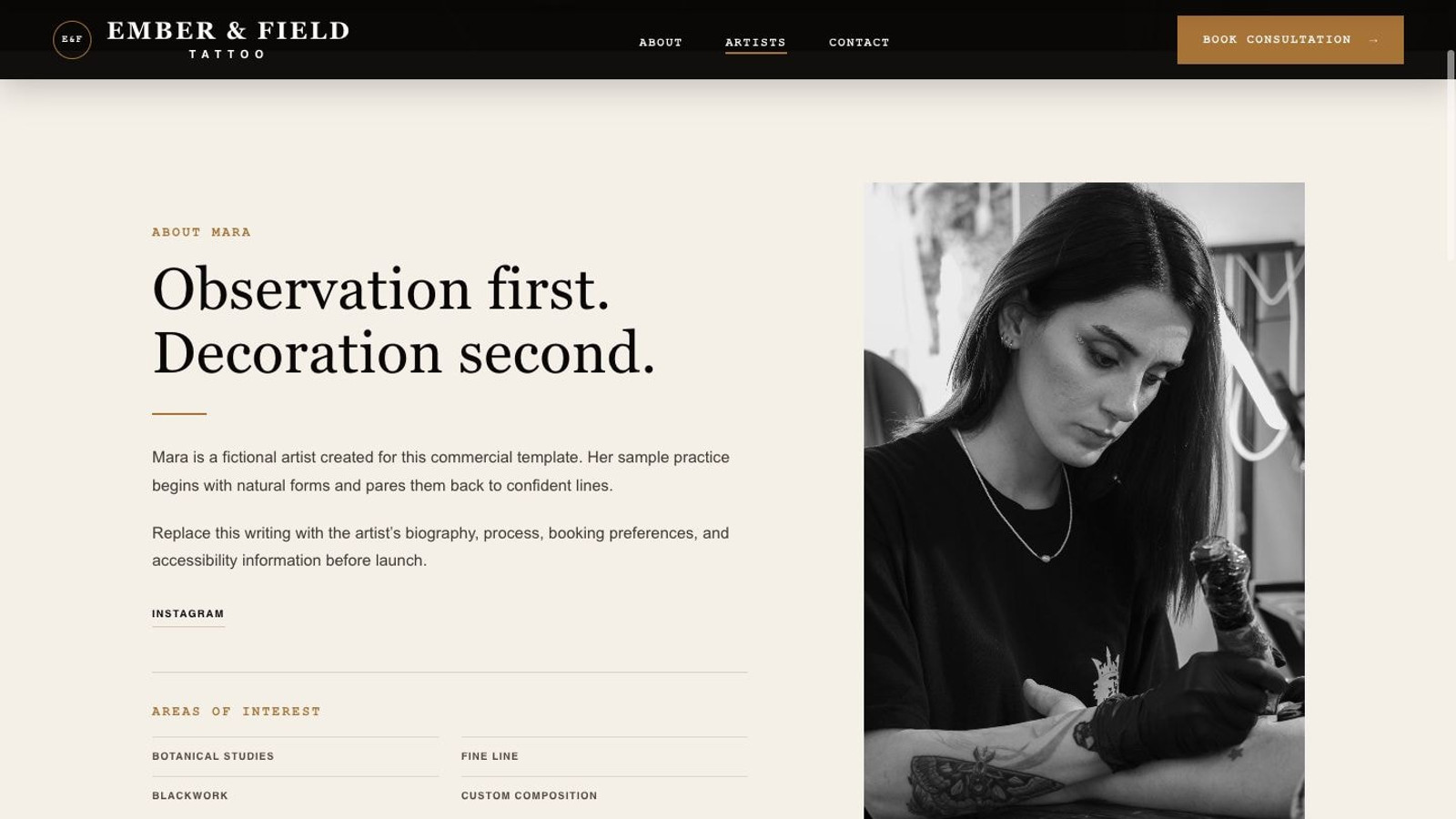 Ember Studio individual artist profile page