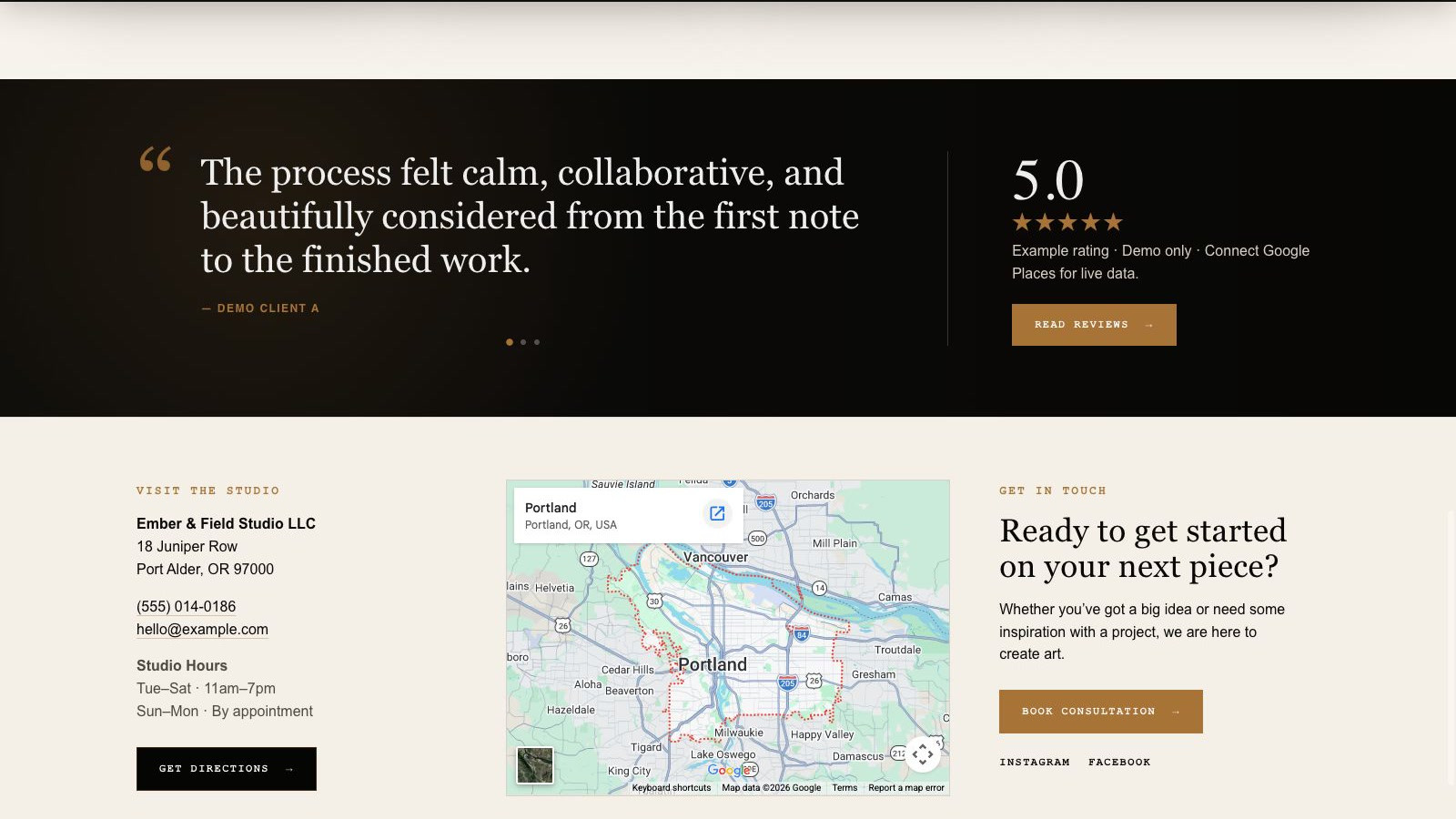 Ember Studio review section with a labeled 5.0 demo rating and adjacent contact details